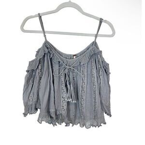 Free People Boho Gauzy Crop Top XS Gray Ruffled Butterfly Sleeves lace blouse